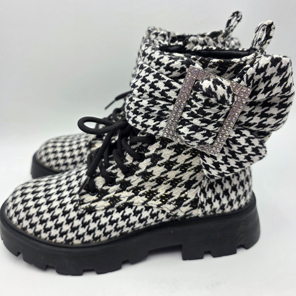 Betsey Johnson Dozer Combat Boots 6.5 Chunky Lug Houndstooth Rhinestones Y2K